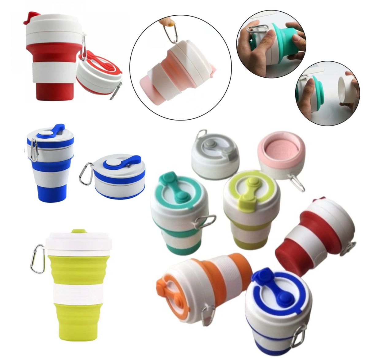 Силиконовая универсальная портативная Складная Чашка 350мл Silicon Folding Cup 668FY51, складной стакан с герметичной крышкой и карабином, чаша силикон, сборная компакная кружка трансформер