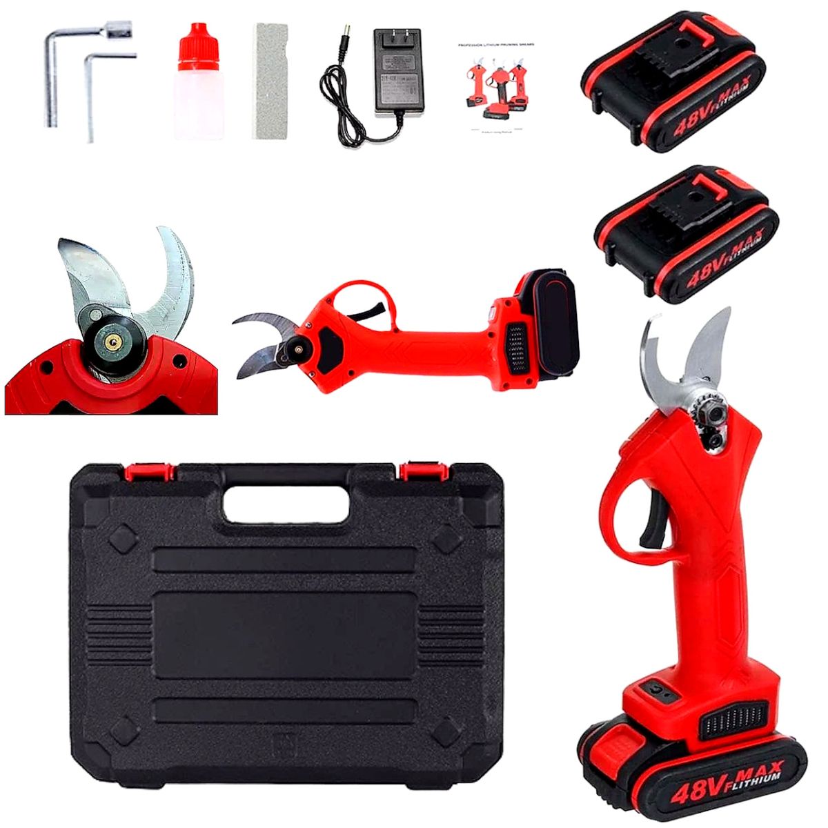 Секатор аккумуляторный садовый Kraftech 40-1 48V 2100 mah 800W с 2 аккумуляторами в кейсе, электрические садовые ножницы, веткорез для обрезки веток