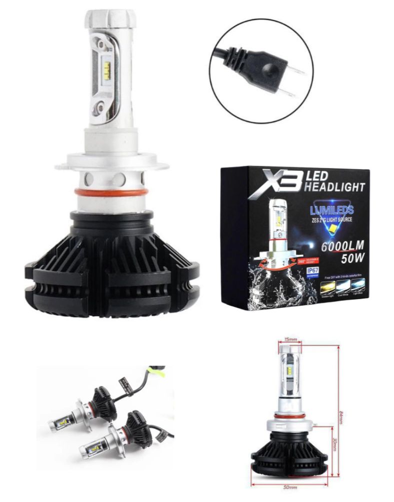 Комплект светодиодные LED лампы X3-H7 для автомобиля HeadLight 50Вт с активным охлаждением 8000K/6000Lm, автомобильные лед лампы
