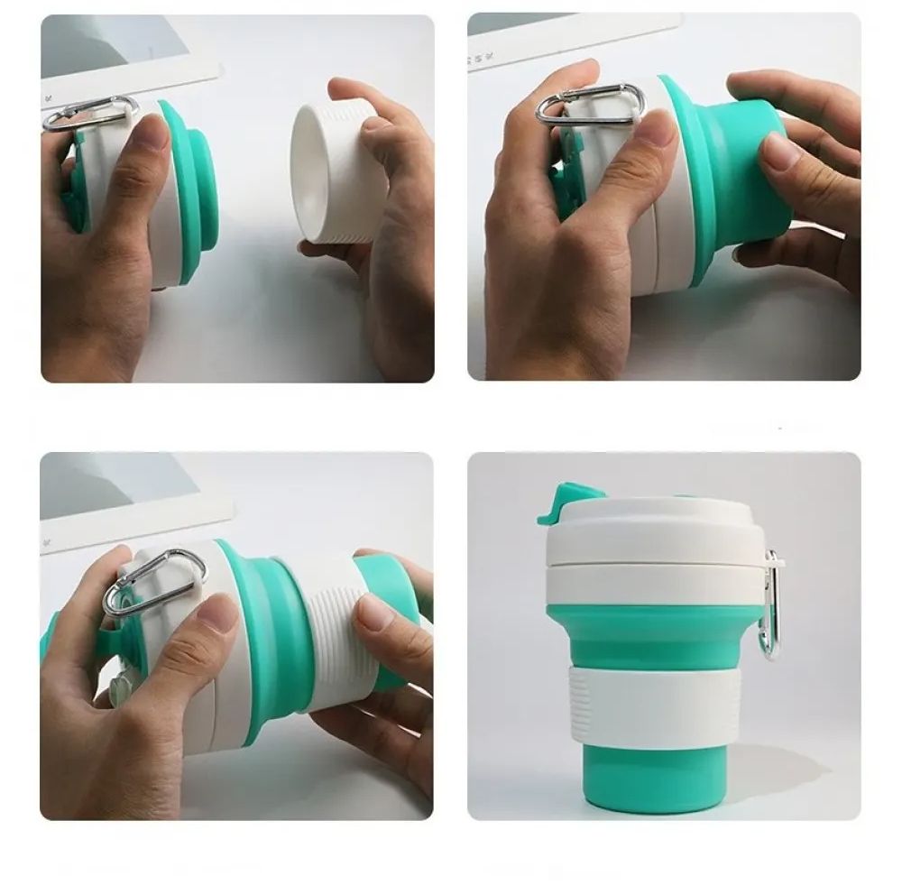 Силиконовая универсальная портативная Складная Чашка 350мл Silicon Folding Cup 668FY51, складной стакан с герметичной крышкой и карабином, чаша силикон, сборная компакная кружка трансформер