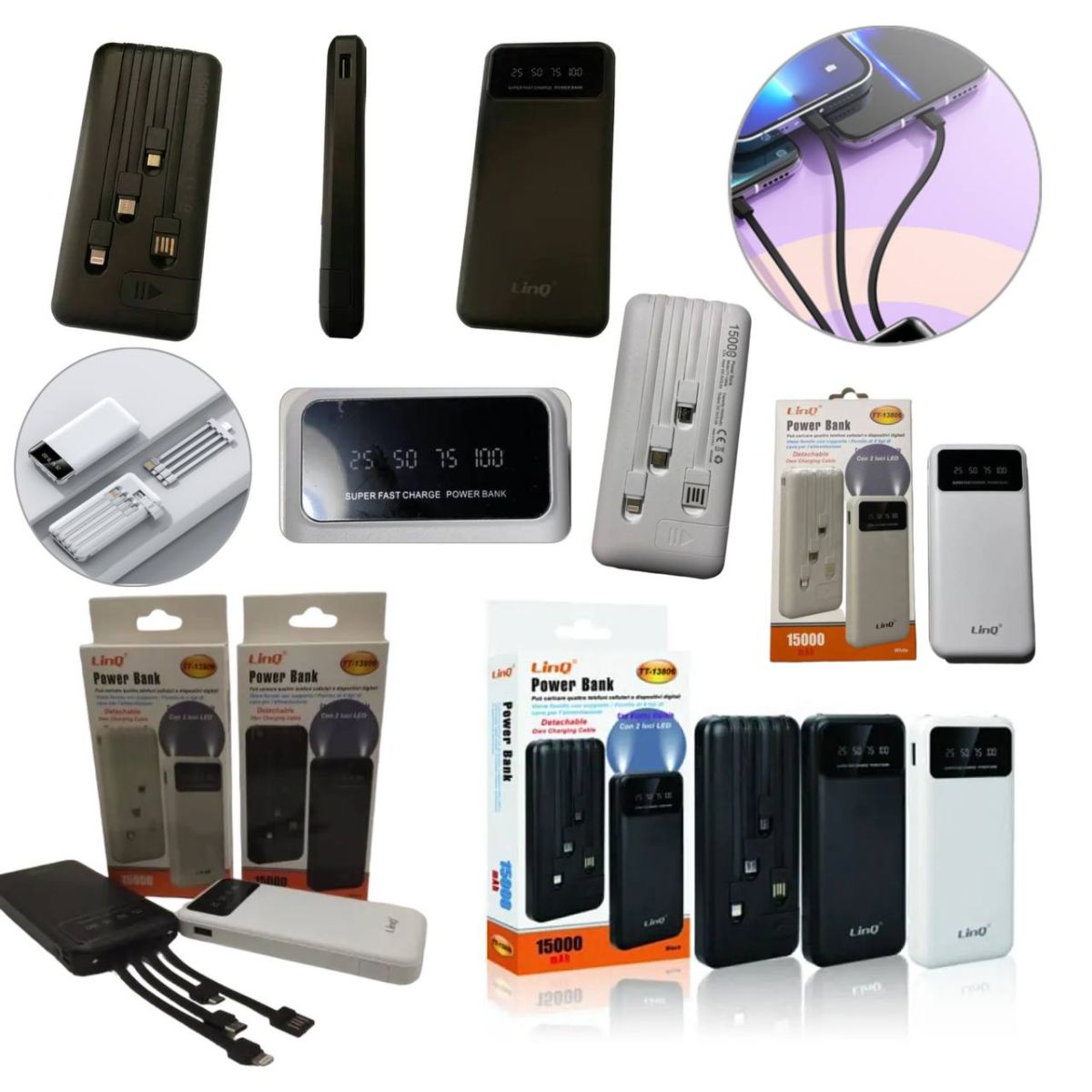 Внешний портативный аккумулятор Power Bank LINQ TT-13806 15000mAh портативная зарядка с фонариком и шнурами в комплекте