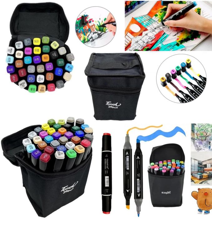 Универсальный Набор Портативных двусторонних маркеров, Sketch Marker, 36 цветов в сумочке, два наконечника разной формы, для рисования на бумаге, картонах, дереве и других поверхностях, для скетчинга