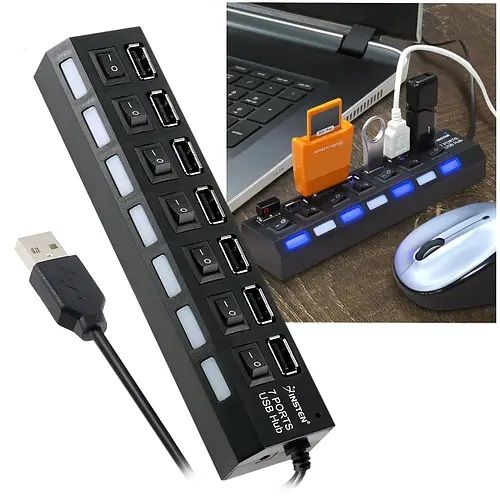 USB хаб на 7 портов с выключателями, USB HUB, разветвитель с кнопками черный