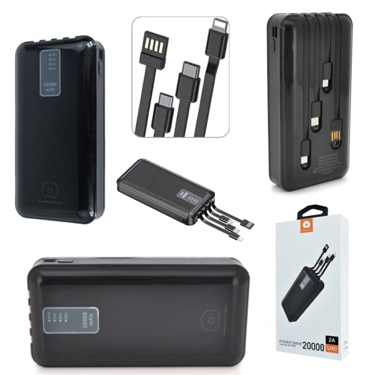 Аккумулятор внешний WUW U40 20 000 мАч 2,1А 4в1,Повербанк универсальный, Power Bank Портативное зарядное устройство для зарядки мобильного телефона,наушников,планшета, хUSB порты и встроенные кабелиType-C, micro usb и lighting с быстрой зарядкой 