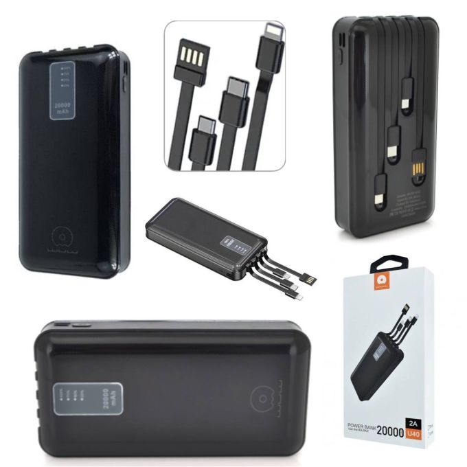 Аккумулятор внешний WUW U40 20 000 мАч 2,1А 4в1,Повербанк универсальный, Power Bank Портативное зарядное устройство для зарядки мобильного телефона,наушников,планшета, хUSB порты и встроенные кабелиType-C, micro usb и lighting с быстрой зарядкой 