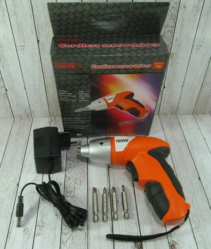 Электроотвертка аккумуляторная Tuoye Tools Cordless Screw с 4 насадками, отвертка с битами, мини-шуруповерт