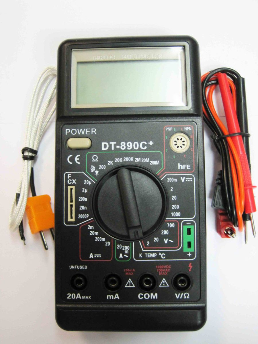 Тестер-мультиметр с ЖК-экраном DT-890C+, щуп/термопара, прозвон проводки, тест диодов, с подставкой