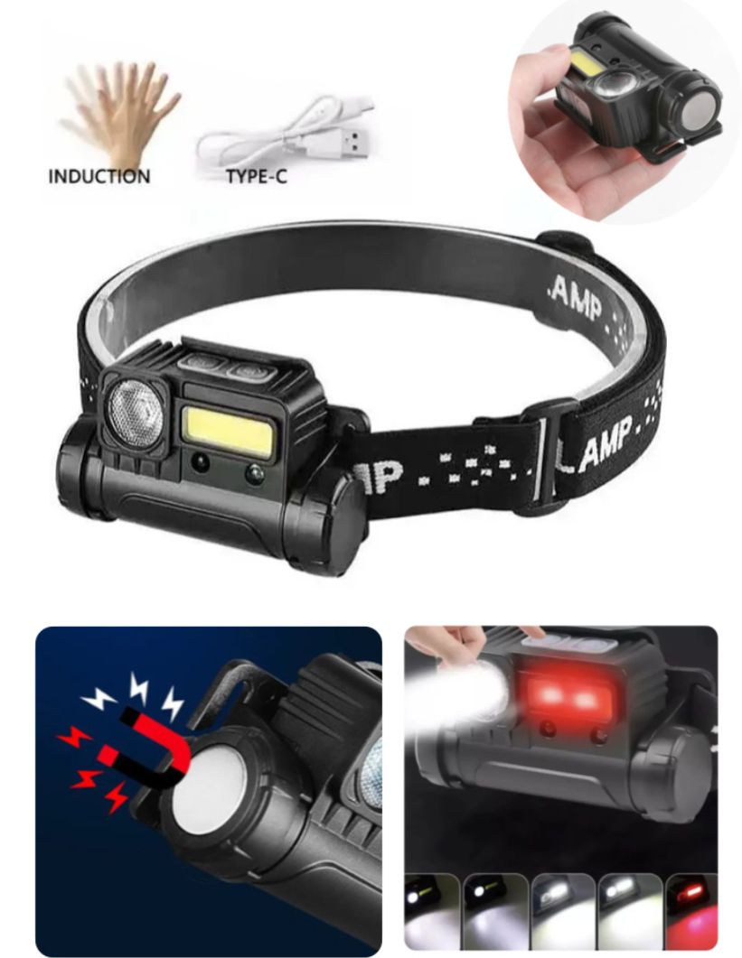 Светодиодный аккумуляторный налобный фонарь BL-123 COB + USB CHARGE с датчиком движения, красный стробоскоп