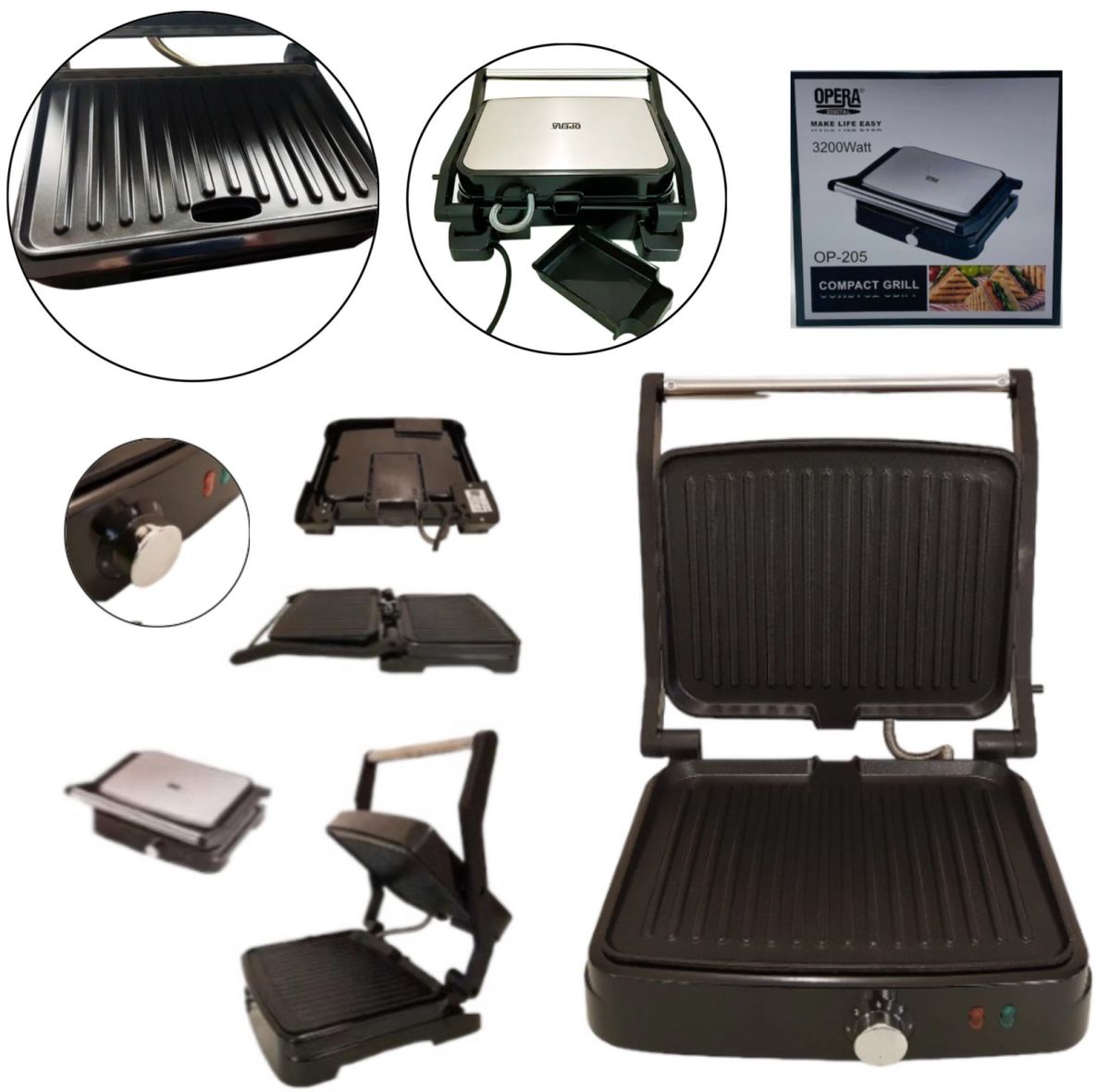 Гриль Мультимейкер ОРЕРА OP-205 Compact Grill 3200W прижимной гриль с антипригарным покрытием, термоизолированные ручки, защита от перегрева