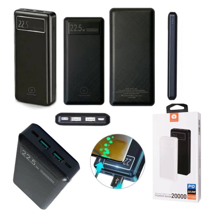 Портативный компактный переносной Power Bank WUW Y100 20000 mAh PD 22.5W, универсальный внешний аккумулятор с быстрой зарядкой Quick Charge 3.0, павербанк с цифровым LED-индикаторм уровня заряда, Двойной USB