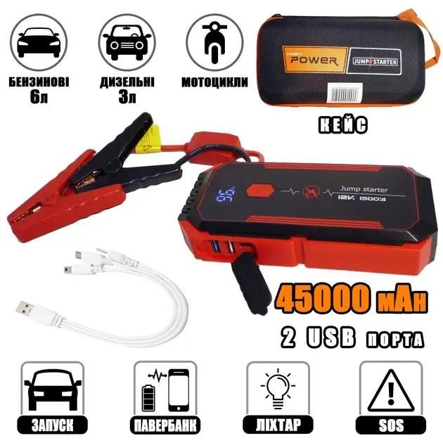 Пусковое автомобильное устройство для аккумулятора JUMP STARTER Power Bank 45000mah, Пускозарядное многофункциональное с аккумулятором и дисплеем, подзарядить аккумулятор авто,ноутбуки, смартфоны, фотоаппараты, видеокамеры, планшеты